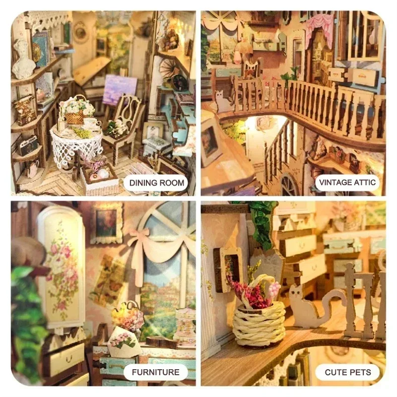 Diy Wooden Book Nook Kit Shelf Insert - ชั้นวางหนังสือไม้ DIY รูปบ้านในป่า ชุดประกอบชั้นวางหนังสือจิ๋ว ของตกแต่งบ้านตุ๊กตา