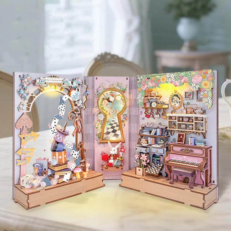 Diy Wooden Book Nook Kit Shelf Insert - ชุดโมเดลจิ๋ว DIY ชุดตกแต่งชั้นวางหนังสือ สมุดบันทึกปาร์ตี้น้ำชาเจ้าหญิงไม้ ที่คั่นหนังสือ สำหรับเป็นของขวัญวันเกิดให้เพื่อน